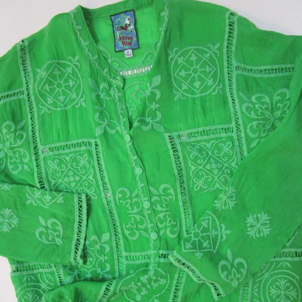 Embroidered Tunic Top Blouse Cheery Green Rayon Bohemian - Picture 3 of 8